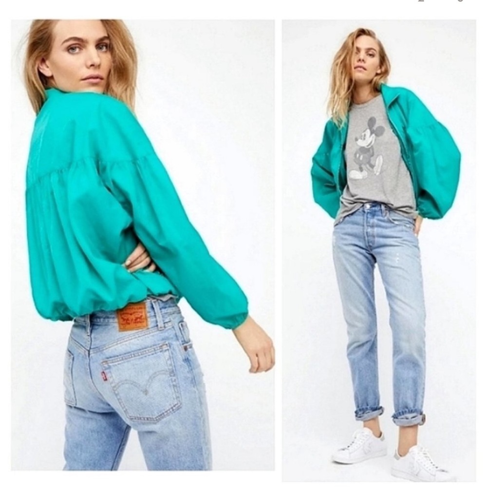 Free People Teal Zip Cropped Long Balloon Sleeve Windbreaker Jacket Size Medium